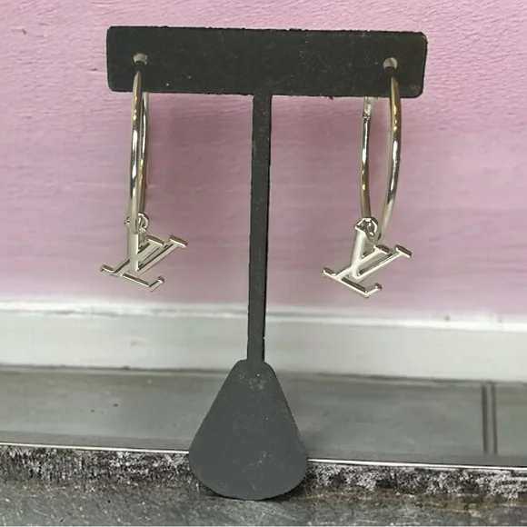Upcycled Silver LV Louis Vuitton Stamped Charm 30mm Hoop Earrings - Picture 6 of 12